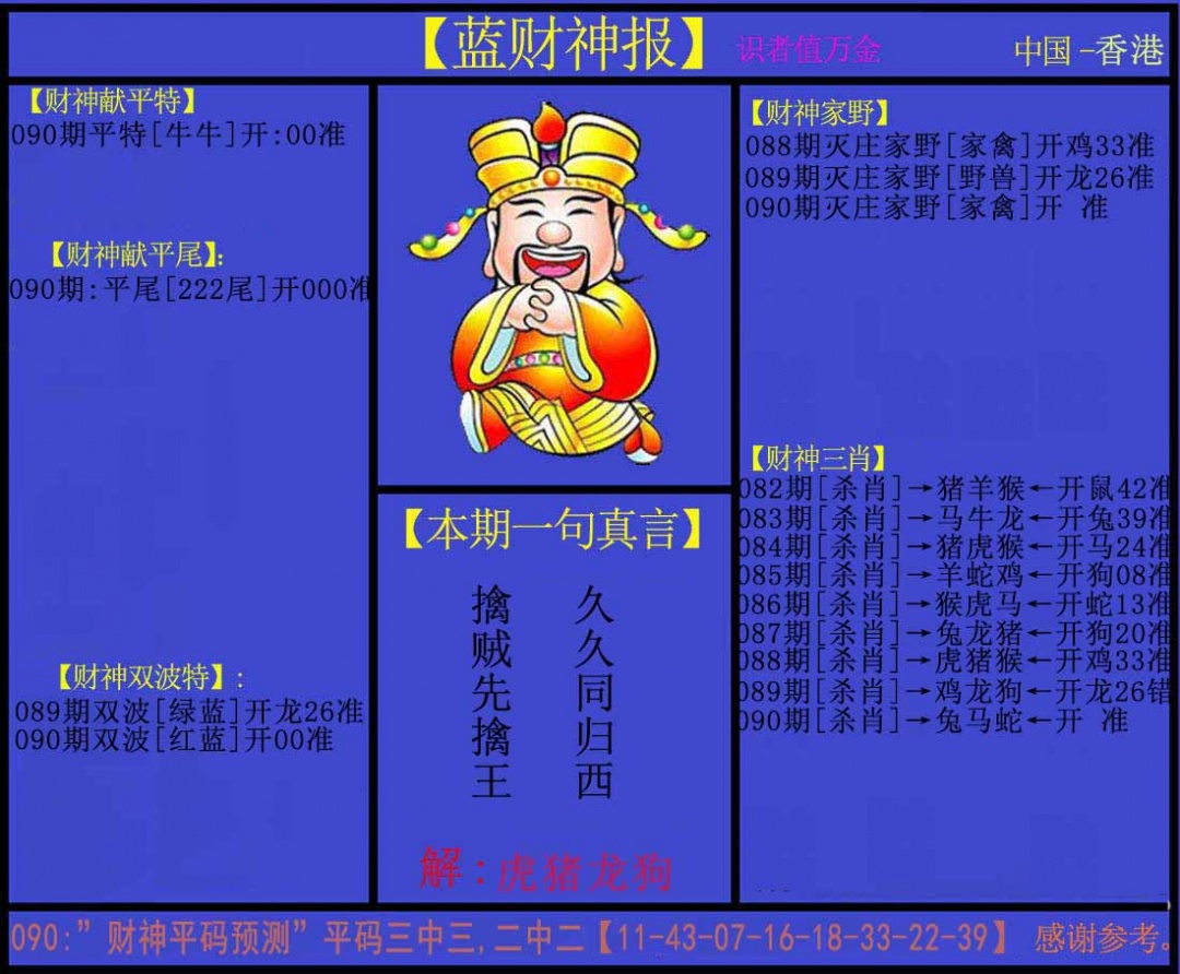 六合彩090期蓝财神