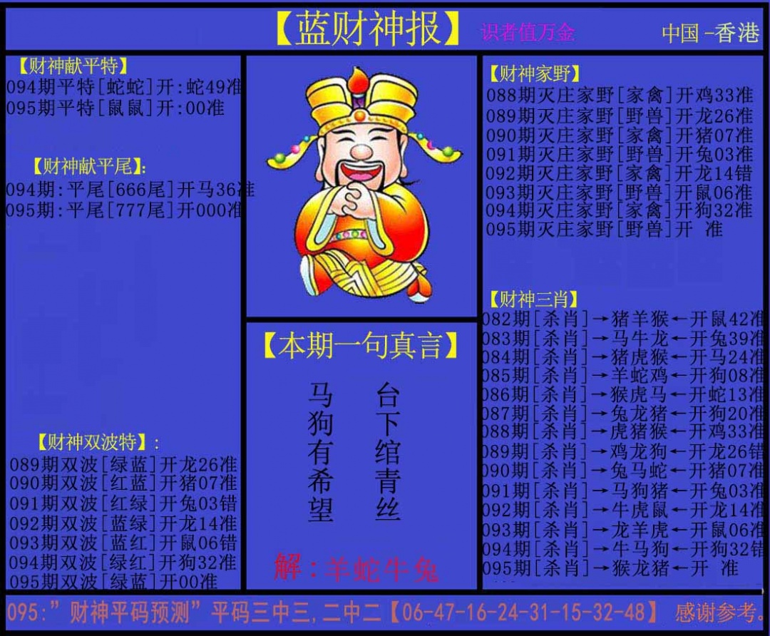 六合彩095期蓝财神
