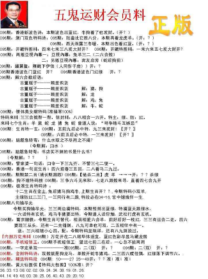 六合彩096期正版五鬼运财会员料