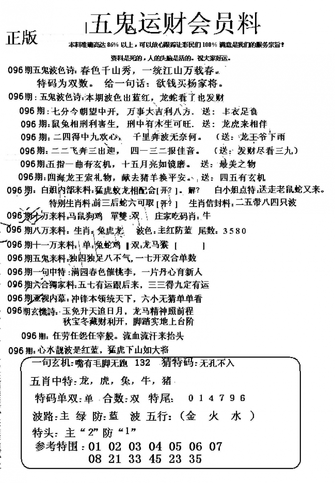 六合彩096期五鬼运财会员料