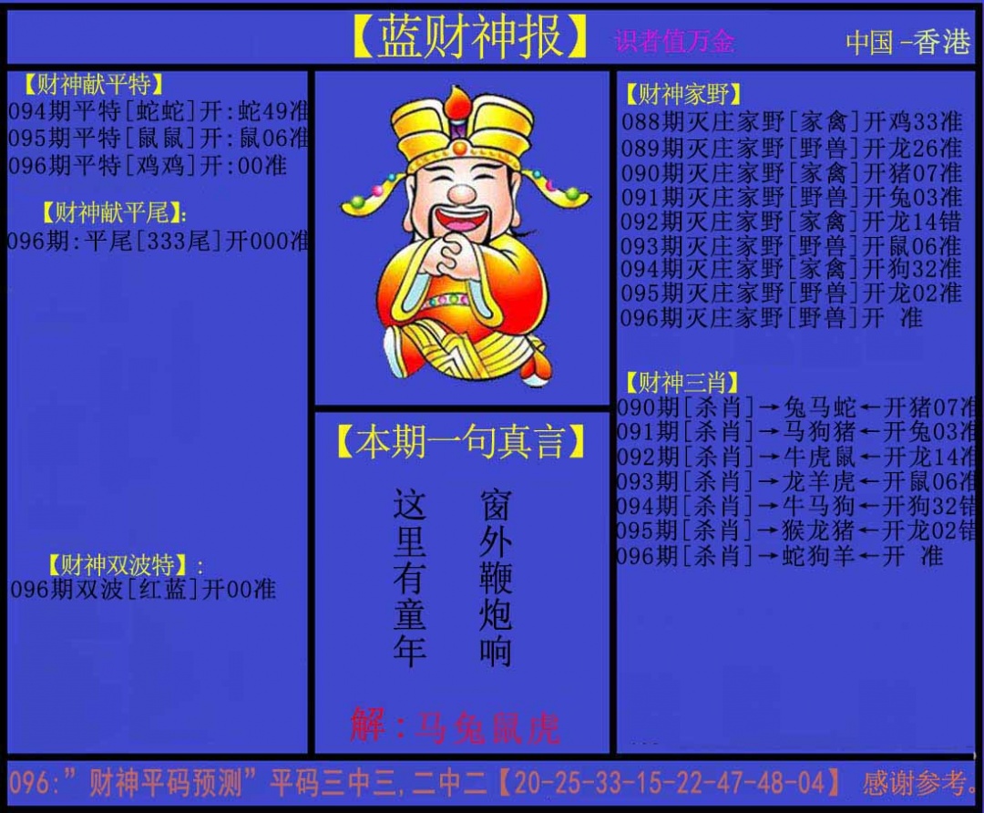 六合彩096期蓝财神