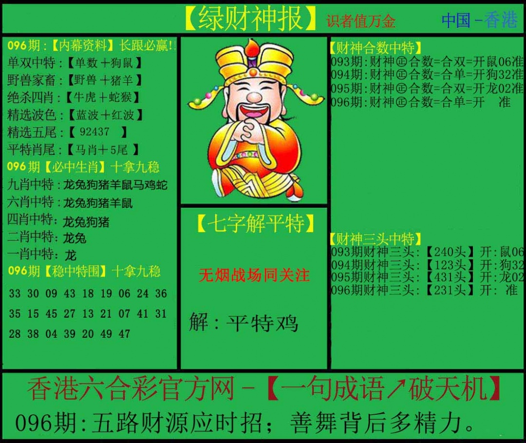六合彩096期绿财神