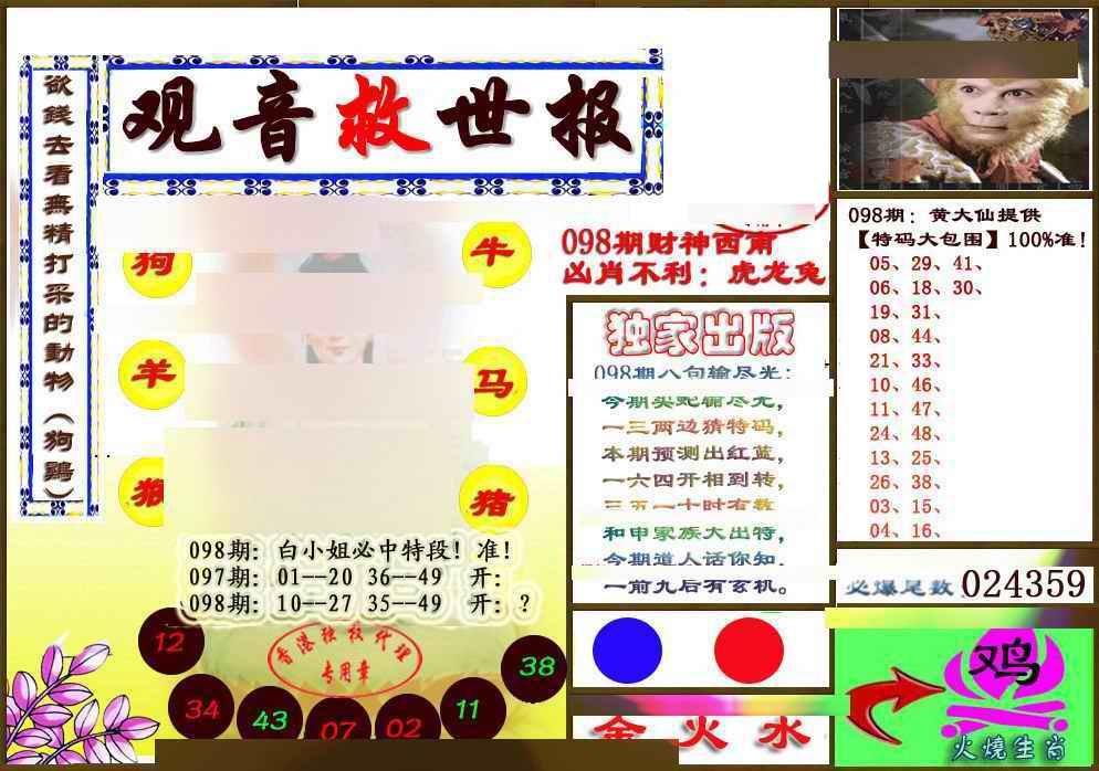 六合彩098期(另版)观音救世密报