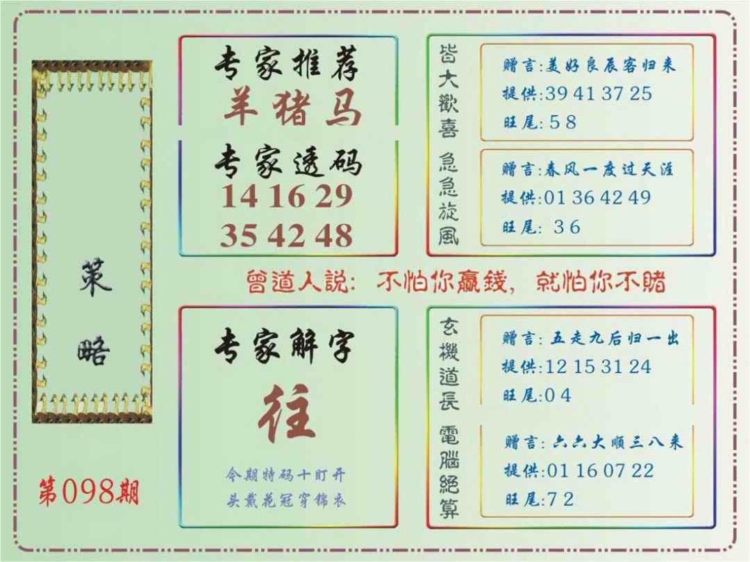 六合彩098期马经策略
