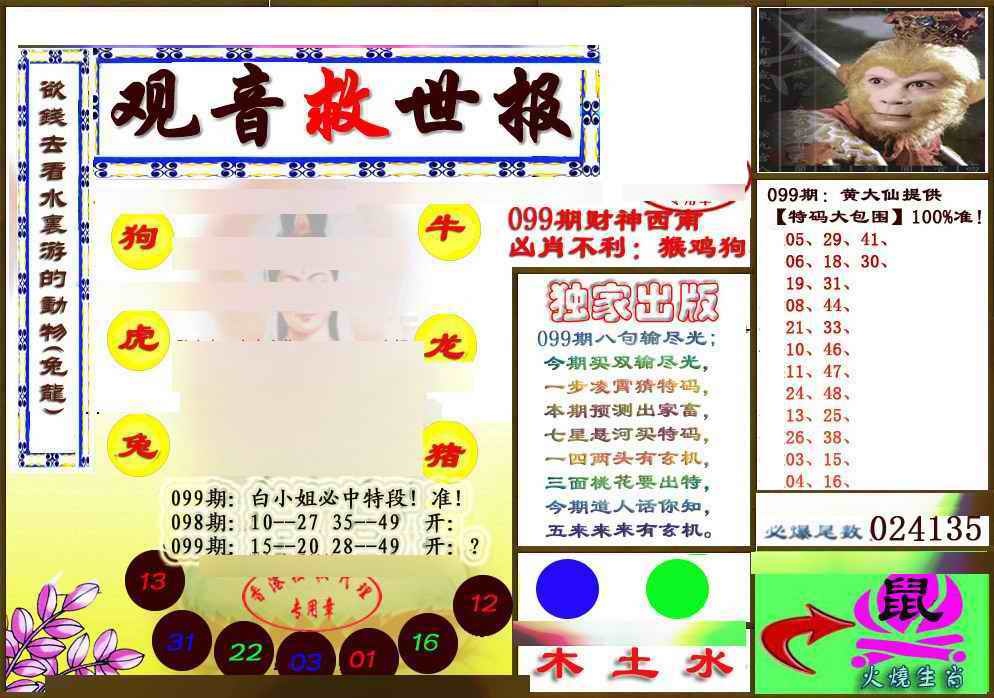 六合彩099期(另版)观音救世密报