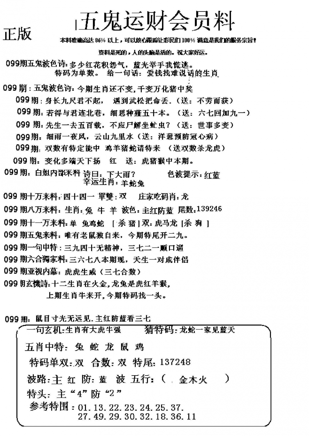 六合彩099期五鬼运财会员料