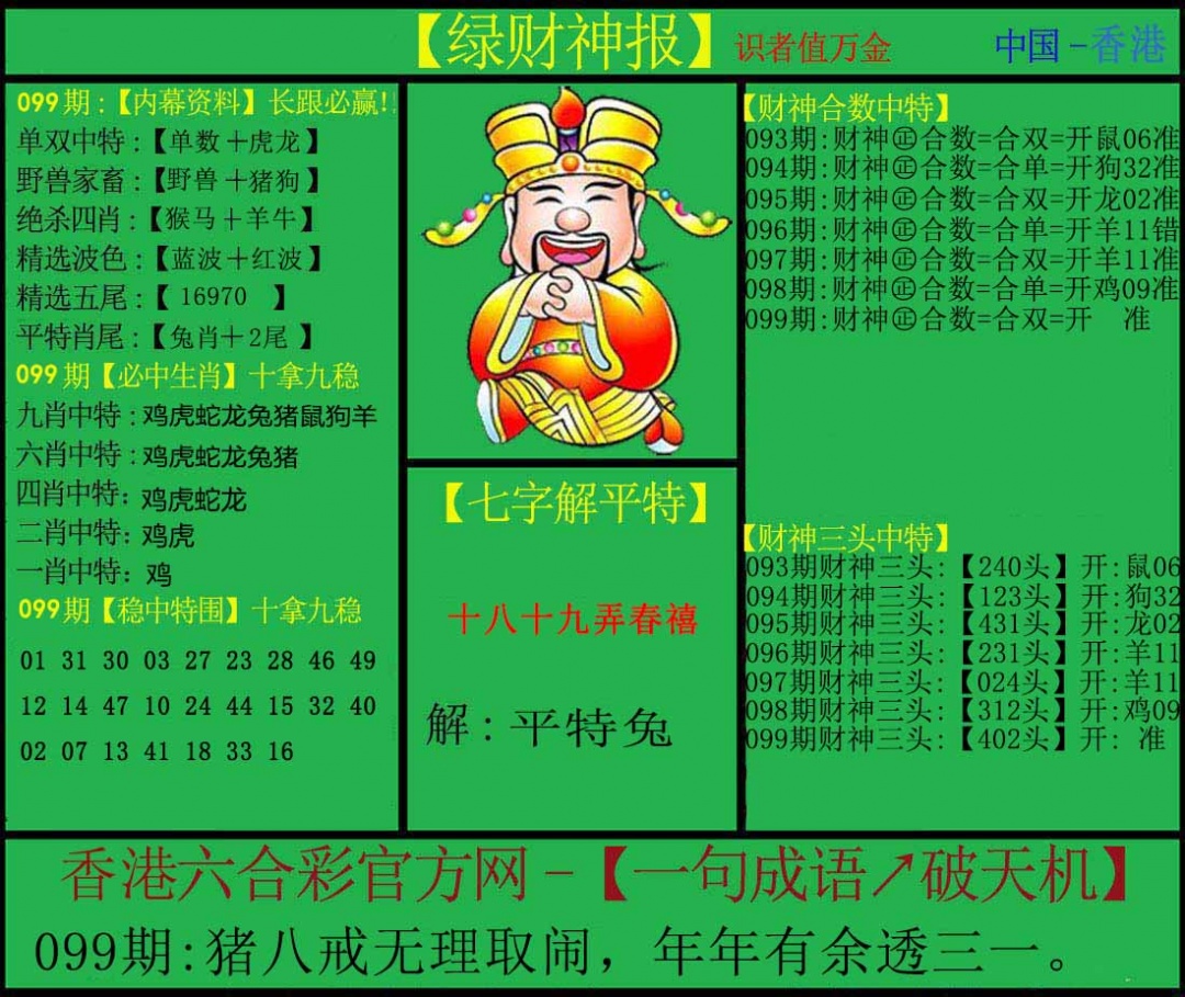 六合彩099期绿财神